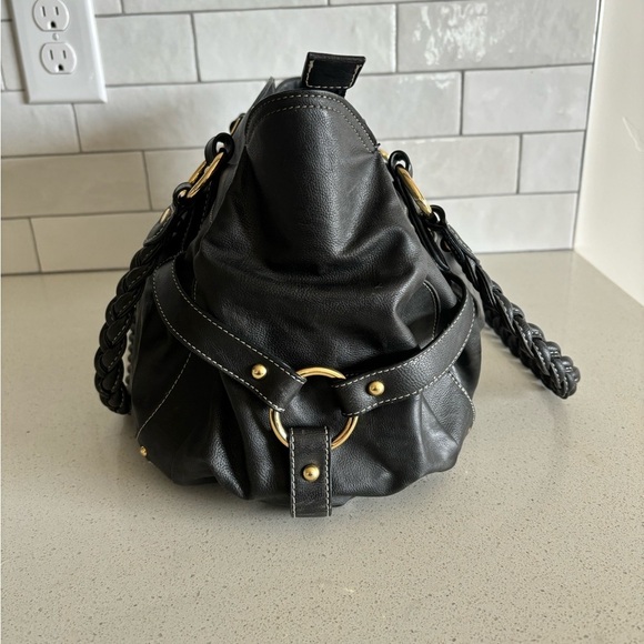 Samantha Vega Black Leather braided handle scalloped Shoulder Bag purse womens - Picture 3 of 10